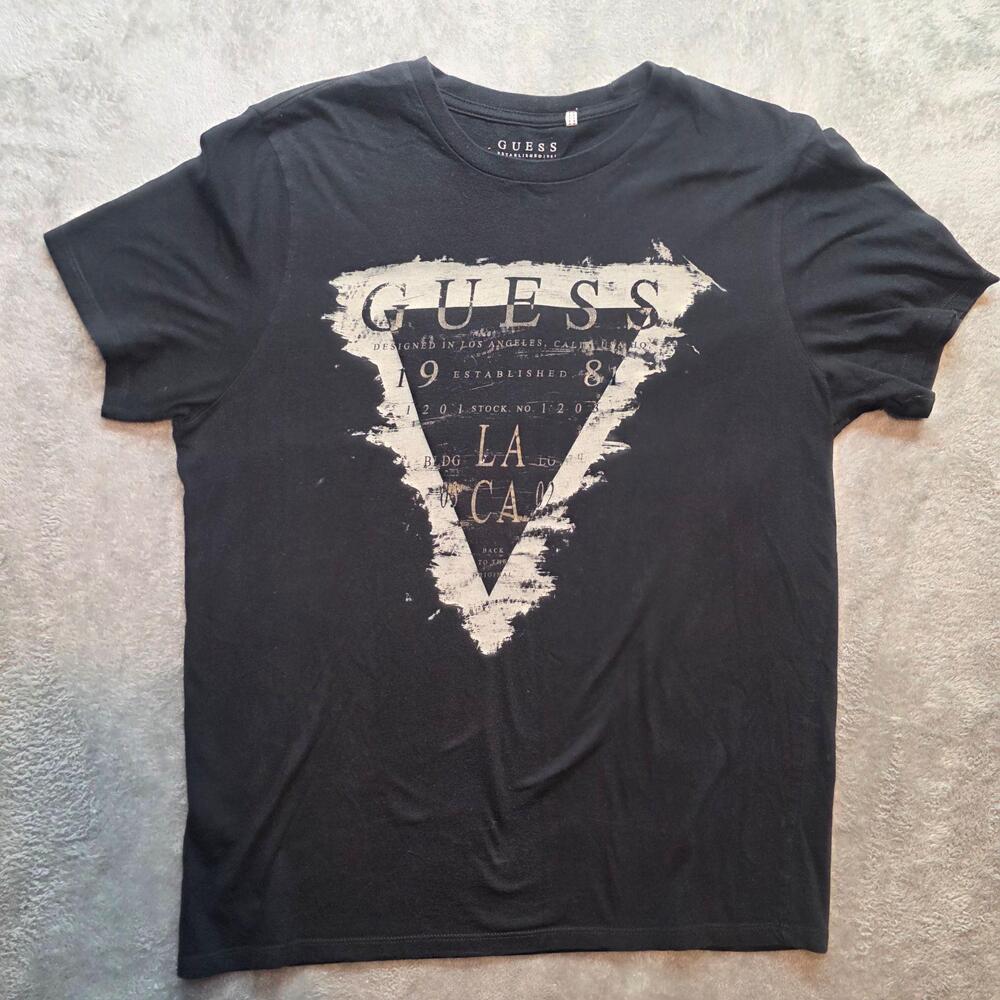 Guess Shirt Mens M Black LA CA Triangle Logo Distressed Graphic T-Shirt